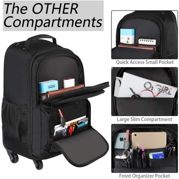 Rolling Backpack with 4Wheels,17inch Roller Travel Laptop Backpack for Women Men - Picture 4 of 7